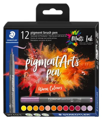 Produktbild von Staedtler Pigment Brush Pen "Warm Colours" 12er Schachtel, 12 Farben, Mehrfarbig, Pinselspitze, Rund, Recycelbarer Kunststoff, Tinte auf Wasserbasis