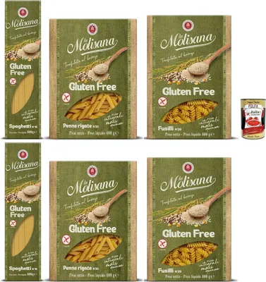 Produktbild von La Molisana, Test Senza Glutine, Spaghetti Fusilli Penne rigate,Nudeln Gluten freie Pasta und Bronzezeichnung mit Vollreis, Mais und Quinoa, Kochzeit 10 Minuten, 6x 400 g + Italian Gourmet polpa 400g