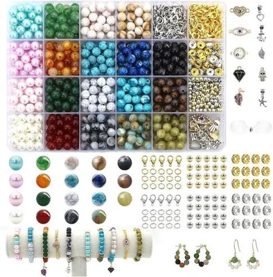 Produktbild von Famanu Edelsteinperlen Set 8 mm – Natursteinperlen zum Auffädeln mit Zubehör – Für DIY Schmuck