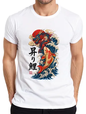 Productafbeelding van Japanse draak, karper, Nobori, Koi, golf, zon, tattoo, Y2K, Irezumi, heren T-shirt, wit, maat S