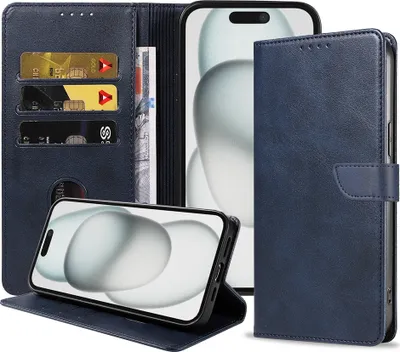 Produktbild von Geeignet für iPhone 15 Plus Handytasche Kunstleder mit magnetischer Lippe und Kartenhalter Buchhülle mit Klappe - Blau - Smartphonica