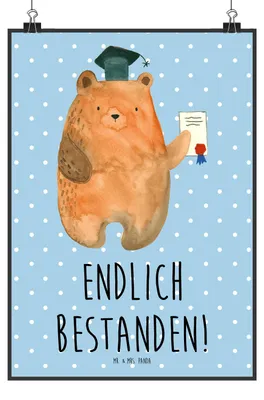 Produktbild von Mr. & Mrs. Panda Bild Bär Prüfung DIN A3 - Blau Pastell - Geschenk, Zeugnis, Designposter, Teddy, wanddeko, Prüfungen, Abitur, Abschlusszeugnis, drucke, Abschluss, Plakat