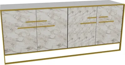 A white and gold sideboard with a marble-like pattern.