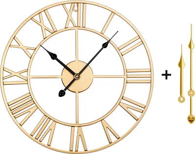 A gold-colored wall clock with Roman numerals and a set of clock hands.
