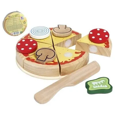 Produktbild von Pizza aus Holz, zum "Schneiden" (mit Klett-, verschluss), inkl. Holzmesser, "zum Teilen"in vorgeschnittene