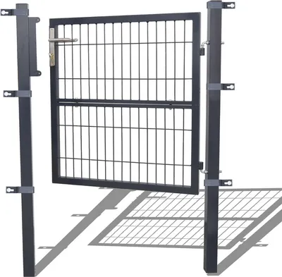 A dark gray metal garden gate and posts are shown against a white background.