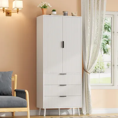 Productafbeelding van MODFU Hoge kast, 75 x 35 x 180 cm, bijzetkast met 2 deuren en 3 lades, woonkamerkast met ruime opbergruimte, gangkast, opbergkast, wit