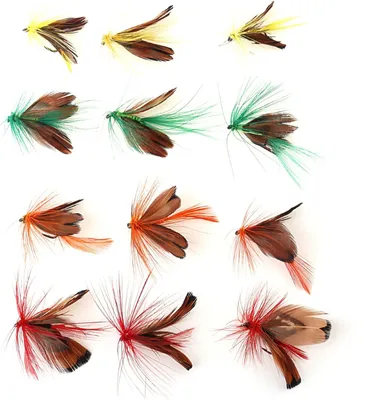 Imagen del producto de Conjunto de señuelos para pesca con mosca, 12 moscas de colores hechas a mano, ideales para lubina, trucha y salmón