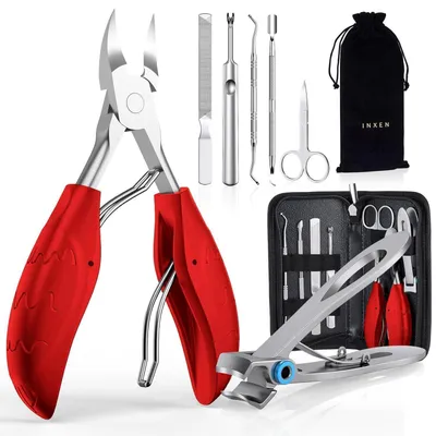 Image de Kit de manucure et pédicure, 7 pièces, en acier inoxydable, rouge, pour les ongles épais et incarnés