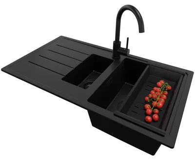 Produktbild von PRIMAGRAN Granitspüle Alles Schwarz 90x50cm, Spülbecken 1,5 Becken + Küchenarmatur 32x20cm + Ablauf-Set, Küchenspüle ab 60er Unterschrank - Kopenhagen Duo