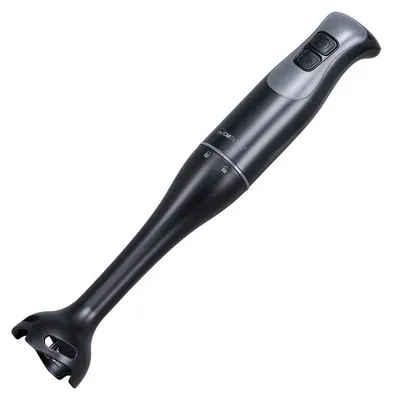 A black and gray hand blender is shown against a white background.