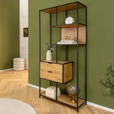 Produktbild von riess-ambiente Industrial Bücherregal SLIM LINE 185cm Wildeiche schwarz Metall mit Schubladen