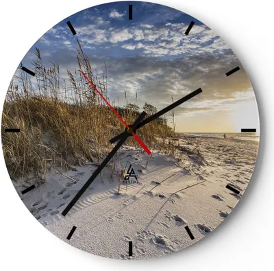 Produktbild von Wanduhr - Rund - Glasuhr - Sand Gras Meer - 30x30cm - Schleichendes Uhrwerk - Lautlos - zum Aufhängen bereit - Dekoration Modern - Wanddekoration aus Glas - C3AR30x30-4781