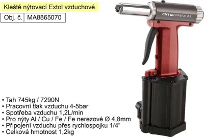 Zdjęcie produktu dla Nitownica pneumatyczna Extol Premium 745kg uciągu ( 8865070 )