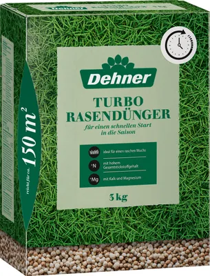 Produktbild von Dehner Turbo Rasendünger, hochwertiger Rasendünger mit hohem Stickstoffgehalt / Magnesium für schnelles Wachstum / intensives Grün, ideal für die gesamte Gartensaison, 3 kg für ca. 150 m²