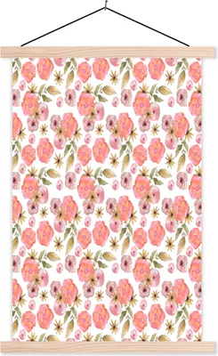 Produktbild von MuchoWow® Textilposter Blumen - Rosa - Muster 120x180 cm mit holzfarbenen Rahmen - Textil-Plakat