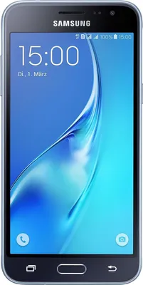 A Samsung Galaxy J3 2016 smartphone is displayed front-on against a blue background with a stylized wave pattern.