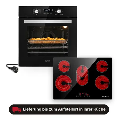 Produktbild von KB ELEMENTS Herdset Autark 77 cm Glaskeramikkochfeld + Einbaubackofen 60 cm, Air Fry, Steam Clean, Heißluft, 5 Kochzonen, 8400W, A+