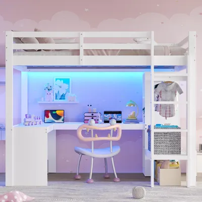 Produktbild von okwish Hochbett 140x200 Bettgestell mit Unterbettschreibtisch und Multifunktionsregalen,Jugendbett mit LED-Licht und USB-Ladestation,mit offenen Kleiderschrank ohne Matratze,Weiß