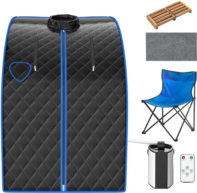 A collection of items for a home sauna setup, including the sauna tent, a foot massager, a mat, a folding chair, a steam generator, and a remote control.