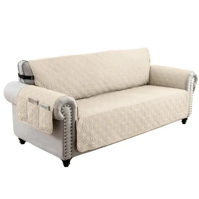 Produktbild von 2 Sitzer Sofaschoner Wasserabweisend Gesteppt Sesselschoner Rutschfest Sofaüberwurf Sofabezug mit Seitentaschen für Haustiere Kinder, Beige