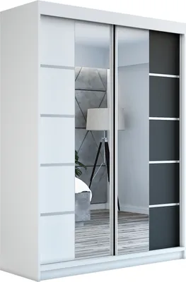 A modern sliding door wardrobe with mirrored panels and contrasting color blocks.