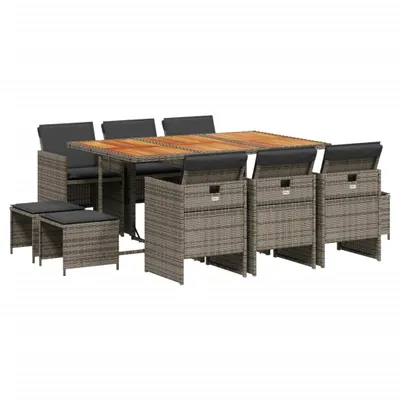 Immagine prodotto di Set da Pranzo da Giardino 11pz con Cuscini in Polyrattan Grigio