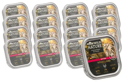 Produktbild von Dehner Wild Nature Katzenfutter Kitten Hügelland, Nassfutter getreidefrei / zuckerfrei, für junge Katzen, Huhn, 16 x 100 g Schale (1.6 kg)