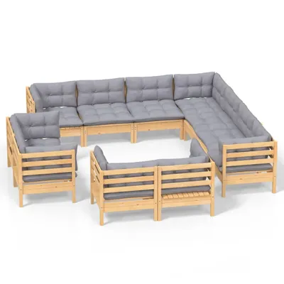 Produktbild von vidaXL 11-tlg. Garten-Lounge-Set mit Grauen Kissen Massivholz Kiefer