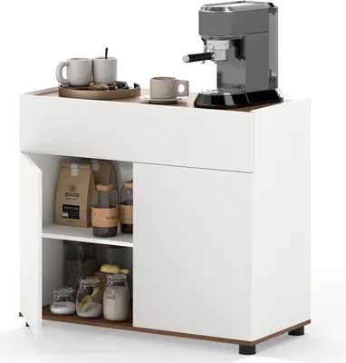 A white buffet cabinet with a drawer and two doors, displaying coffee-related items on top and inside.