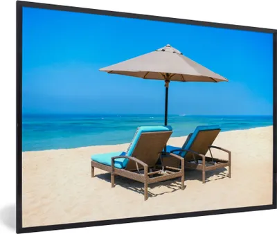Produktbild von MuchoWow® Gerahmtes Poster Strandkorb - Sonnenschirm - Sommer - Meer 30x20 cm - Poster mit Schwarzem Bilderrahmen Wandposter Rahmen Foto Bilder - Kunstdruck - Bild-Poster