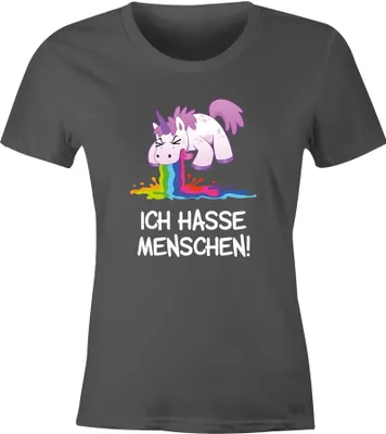 Produktbild von Damen T-Shirt Spruch Ich hasse Menschen kotzendes Einhorn Frauen Fun-Shirt lustig Moonworks® dunkelgrau L