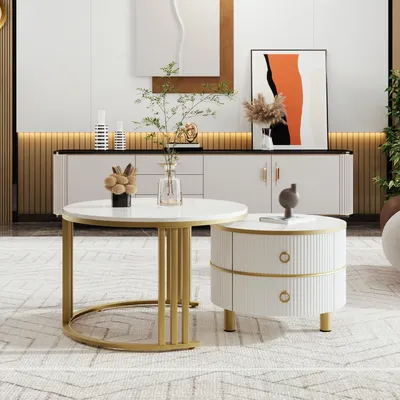 Obrázek produktu pro Merax, sada konferenčních stolků 2 v 1, kulatý design, bílá barva, vyrobeno z MDF, s dvěma zásuvkami, vzhled mramoru, vhodné do obývacího pokoje
