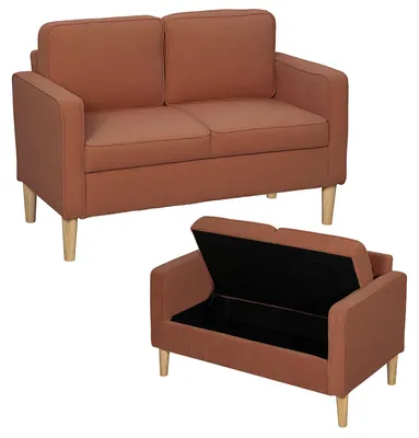 Obrázok produktu pre Dvojmiestna sedačka – s úložným priestorom – 2 podrúčky – poťah z tkaniny – drevené nohy – 117 × 63 × 79 cm – oranžová