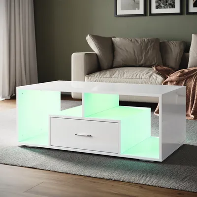 Produktbild von SONNI Couchtisch weiß hochglanz 100x55x40cm mit Schubladen und RGB LED Couchtische Holzwerkstoff
