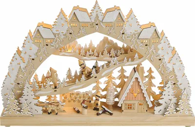 Produktbild von Holz Schwibbogen mit LED Beleuchtung - 45 x 28 cm - Fenster Deko Motiv "Kinder im Winterwald"