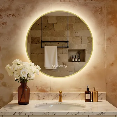 Immagine prodotto di S'AFIELINA Specchio da bagno LED Rotondo 60cm, touch, antiappannamento, dimmerabile, orologio, temperatura, memoria, oro