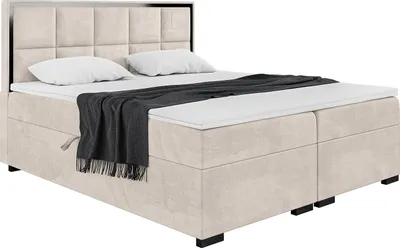Produktbild von MEBLINI Boxspringbett mit Bettkasten - Gepolstert Doppelbett mit Matratze und Topper - Polsterbett mit Stauraum - Bett mit Kopfteil - Dani Black - 160x200 - H3/Beige Samt