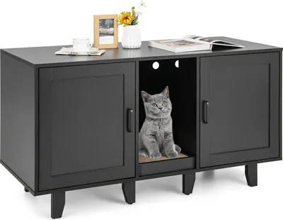 Produktbild von COSTWAY Katzenklo Schrank für 2 Katzen, Katzenschrank für Katzentoilette, Katzenhaus mit 2 Türen, Kratzbrett, Eingang, Katzenhöhle, 120x52x65cm (Schwarz)