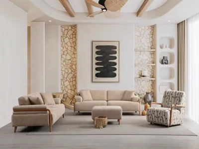 Produktbild von Sitzgruppe/Sofa Set - Wohnzimmergarnitur "Chamomile" 3+3+1+1-mit Hocker Braun