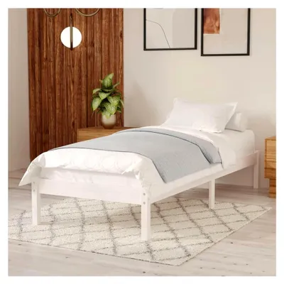 Produktbild von Massivholzbett für das Schlafzimmer, Bettgestell mit Lattenrost, Modernes Bett aus Kiefernholz, Weiß, 100 x 200 cm