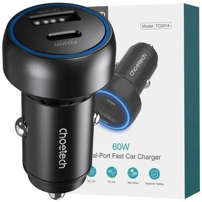Zdjęcie produktu dla Ładowarka Samochodowa Choetech Tc0014 Usb-C Usb-A Pd 60W Z Podświetleniem Led - Czarna