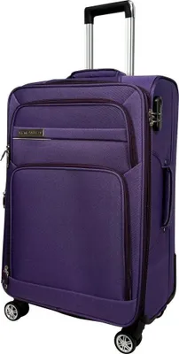 A purple suitcase with a retractable handle and wheels, shown from the front.
