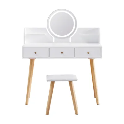 Image de CLIPOP Ensemble de coiffeuse 100x40x120cm, miroir rond table de maquillage,3 tiroirs