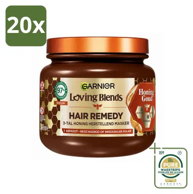 Imagen del producto de 20 unidades de Garnier Loving Blends, tratamiento capilar para cabello dañado y quebradizo, en formato mascarilla, 340 ml. Pack ahorro