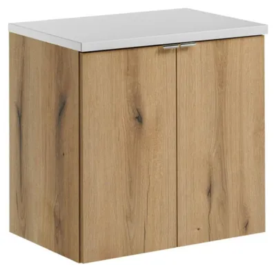Immagine prodotto di Set da bagno sospeso VANO in rovere e bianco 60cm: mobile sottolavabo con armadietti + piano per lavabo