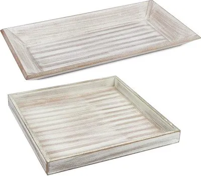 Produktbild von Unyqoos® 2‑teiliges Vintage-Holz-Tablett-Set – rustikale Servier- und Deko-Tabletts, rechteckig 40×20,5×3,5 cm + quadratisch 30×30×3 cm, braun/weiß