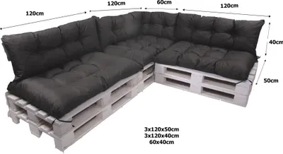 A sectional sofa made from wooden pallets with dark gray cushions, shown with dimensions indicated.