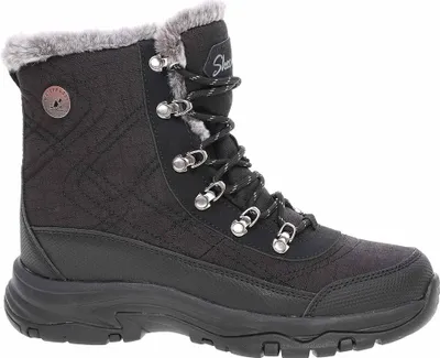 A black winter boot with gray fur trim.