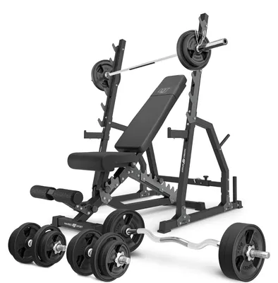 Produktbild von Marbo Sport - Set MS3_2.0_113KG_G | Doppelseitige Bank + Verstellbare Hantelablage mit Notablage und Abstandsverstellung + Stangen- und Hantelscheiben gummiert Set 113 kg